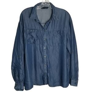 Jane and Delancey Women's Chambray Button Down Long Sleeve Roll Tabs Top Size L